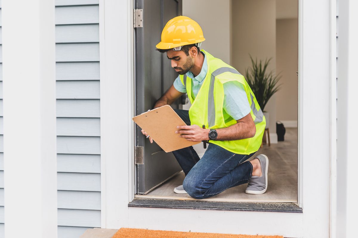 Home inspector reviewing findings on a clipboard at the front door