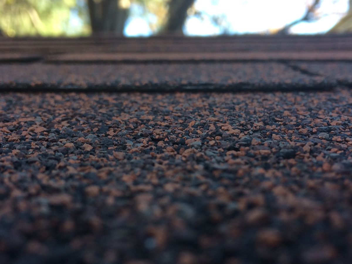 Close-up of asphalt roof shingles photographed during the inspection